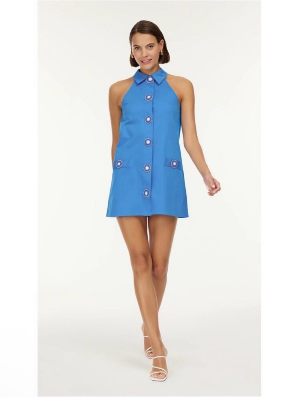 NWT My Beachy Side Amber Mini Dress M Blue Hand Crochet Buttons Halter Collared